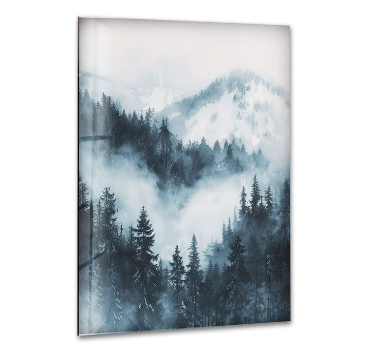 Misty Mountain Snowy Glass Wall Art glass art painting, glass art for the Wall
