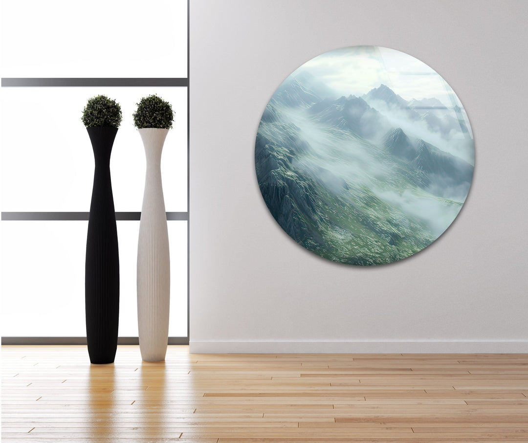 Misty & Foggy Mountain Glass Wall Art print on glass, glass printed photos
