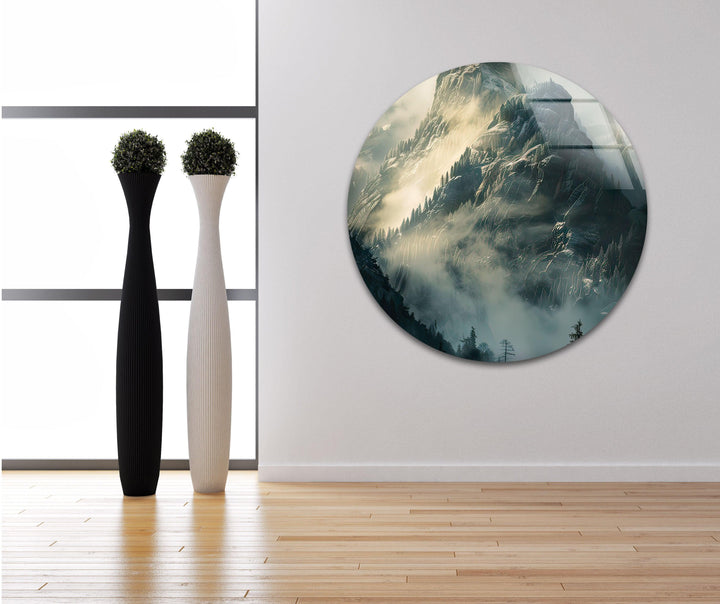 Foggy Misty Mountain Glass Wall Art print on glass, glass printed photos
