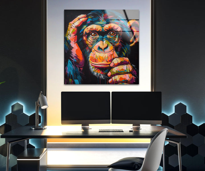 Colorful Chimpanzee Glass Wall Art custom glass pictures, glass art prints