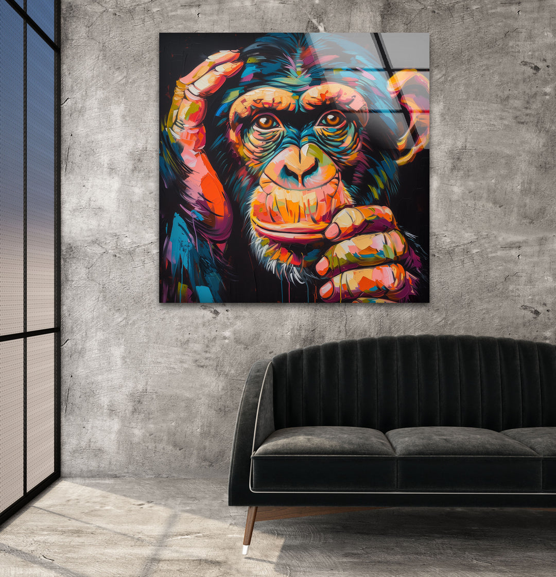 Colorful Chimpanzee Glass Wall Art glass photo prints, glass picture prints