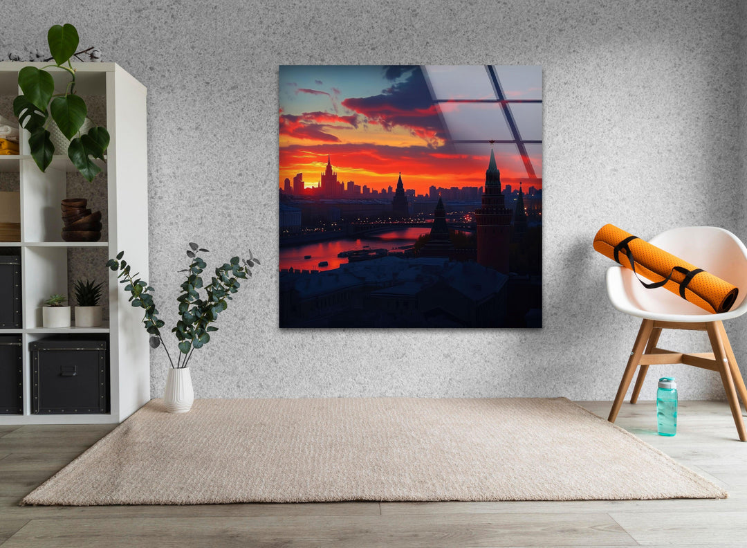 Moscow Orange Sunset Glass Wall Art glass art painting, glass art for the Wall
