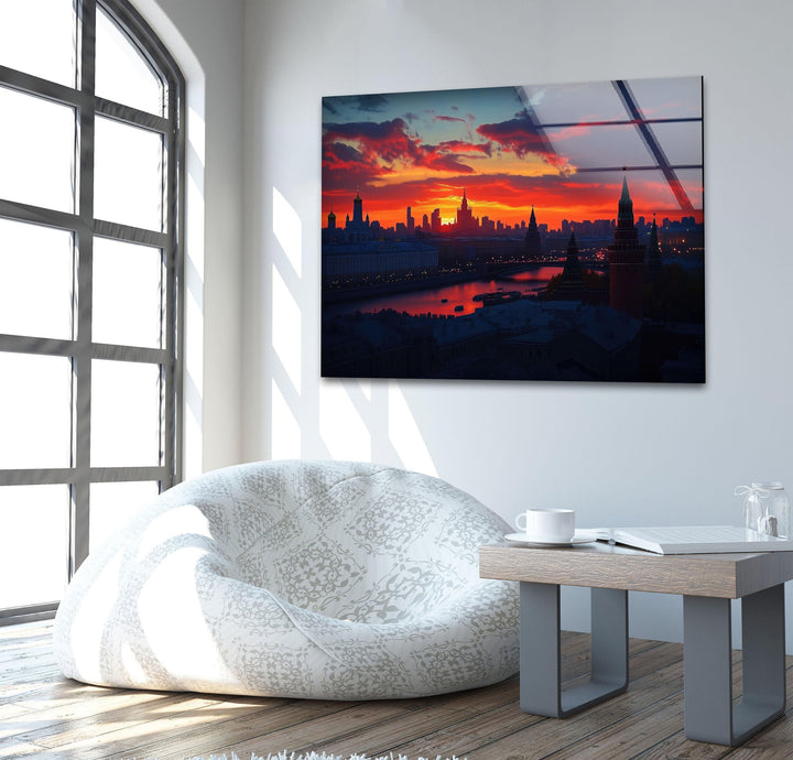 Moscow Orange Sunset Glass Wall Art custom glass pictures, glass art prints
