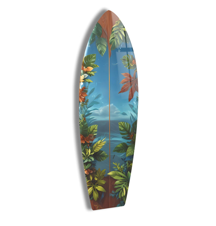 Blue Sea & Leafs Surfboard Wall Art