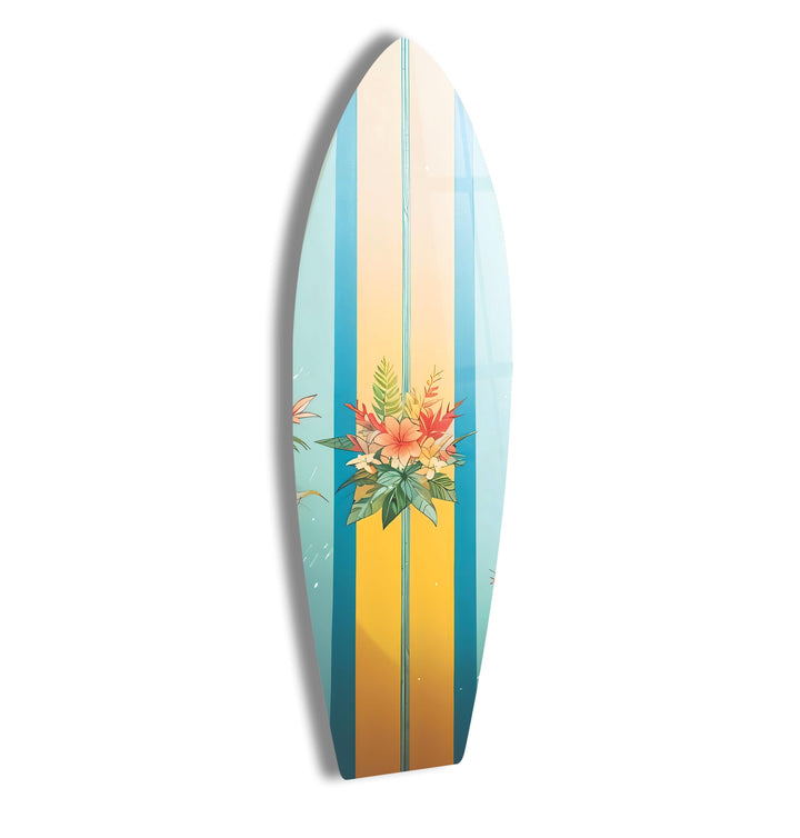 Blue Brown Flower Design Surfboard Wall Art