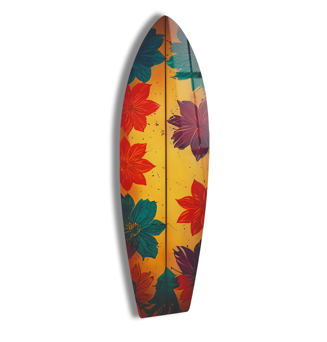 Blue Red Vintage Flower Surfboard Wall Art