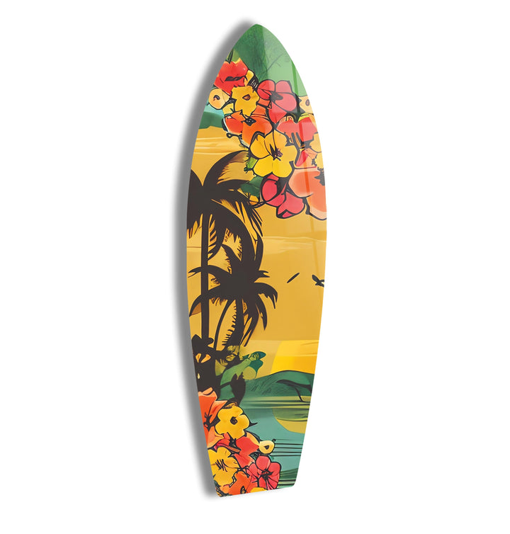 Colored Flowers & Palm Trees Surfboard Wall Art