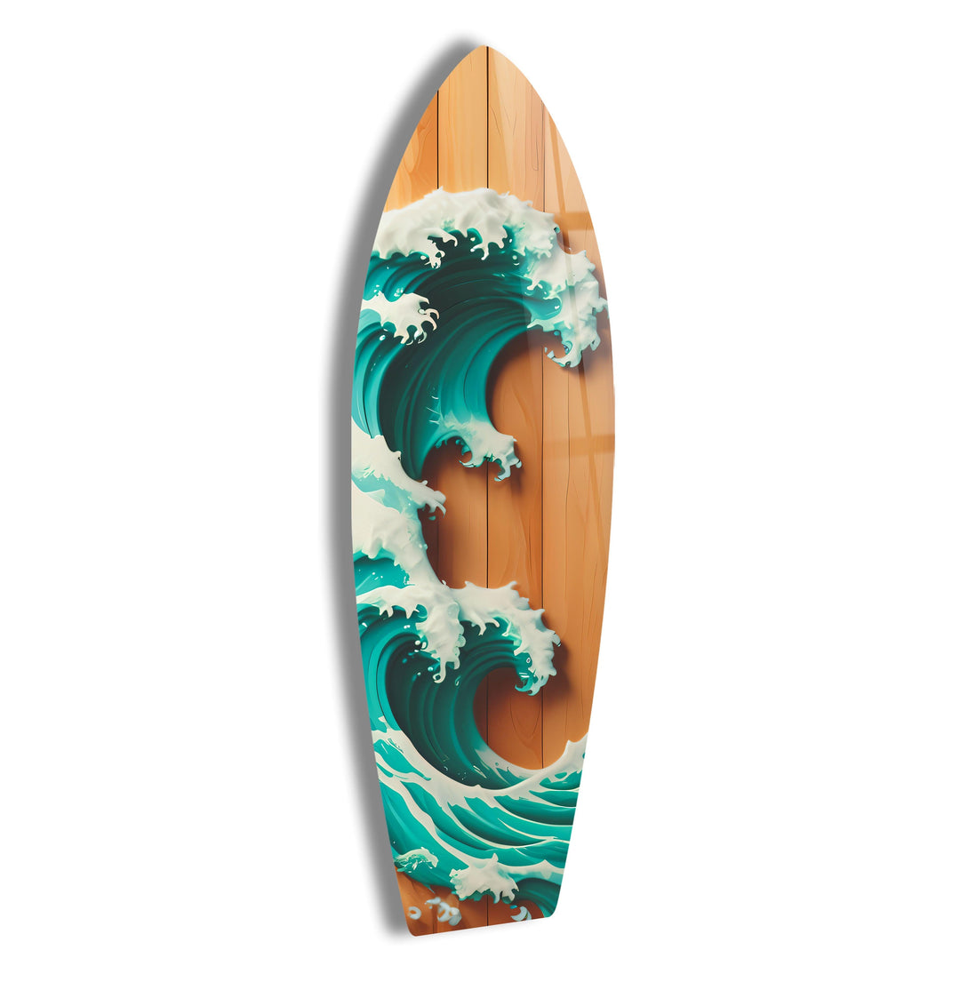 Wooden Details Ocean Wave Surfboard Wall Art