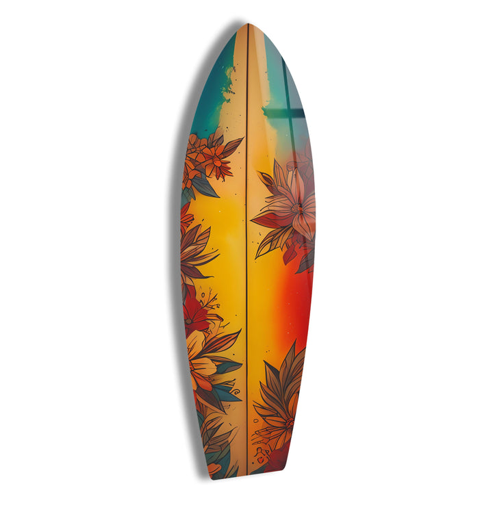 Orange Vintage Flowers Surfboard Wall Art