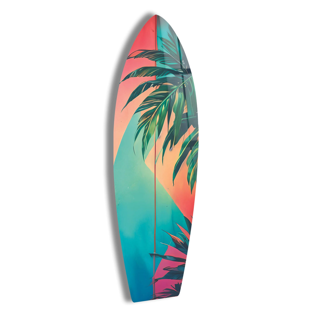 Pink Blue Palm Leaf Surfboard Wall Art