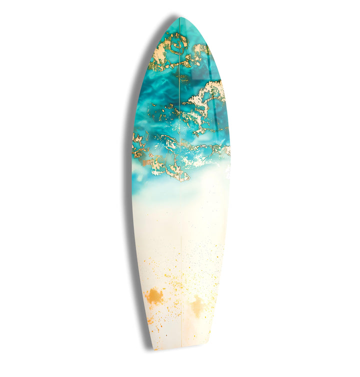 Blue Abstract Golden Details Surfboard Wall Art