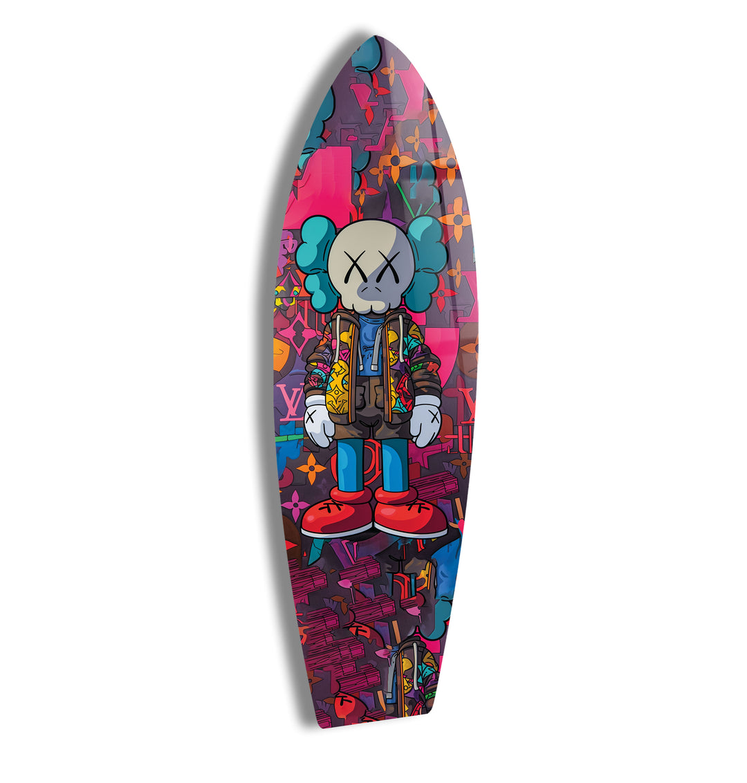 Kaws-Inspired Surfboard Wall Art – Colorful Graffiti & Figurine Design