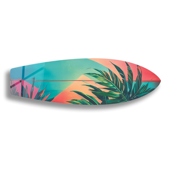 Pink Blue Palm Leaf Surfboard Wall Art