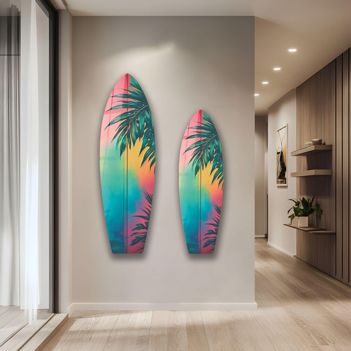 Blue Pink Palm Tree Surfboard Wall Art