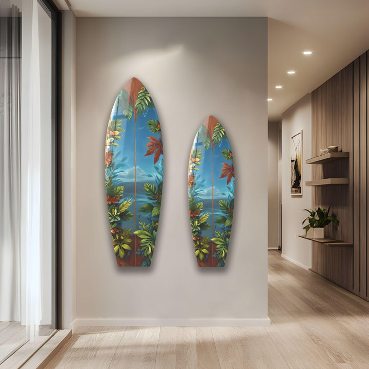 Blue Sea & Leafs Surfboard Wall Art