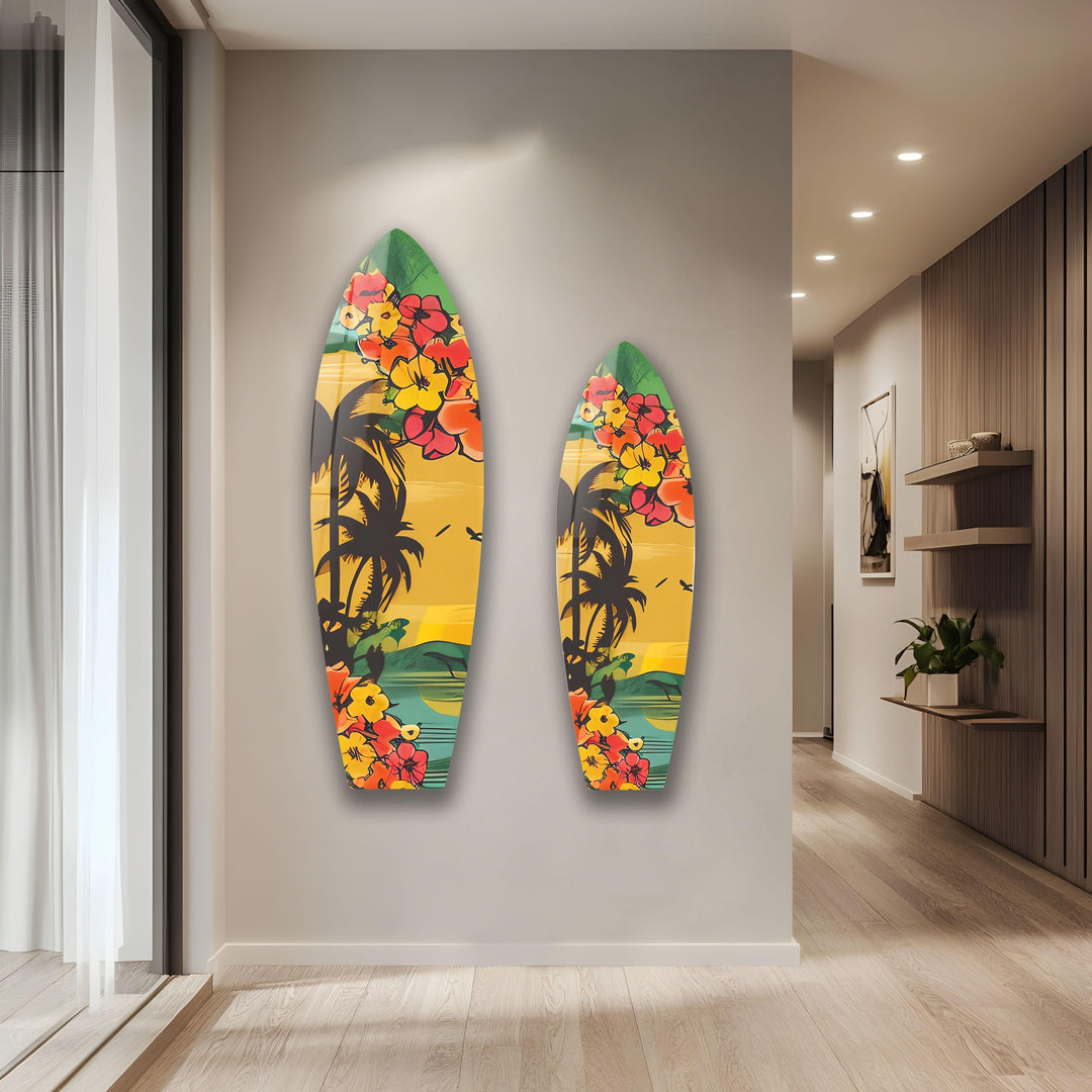 Colored Flowers & Palm Trees Surfboard Wall Art