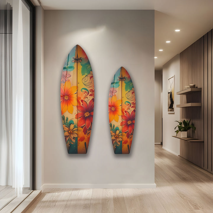 Red & Blue Flowers Surfboard Wall Art