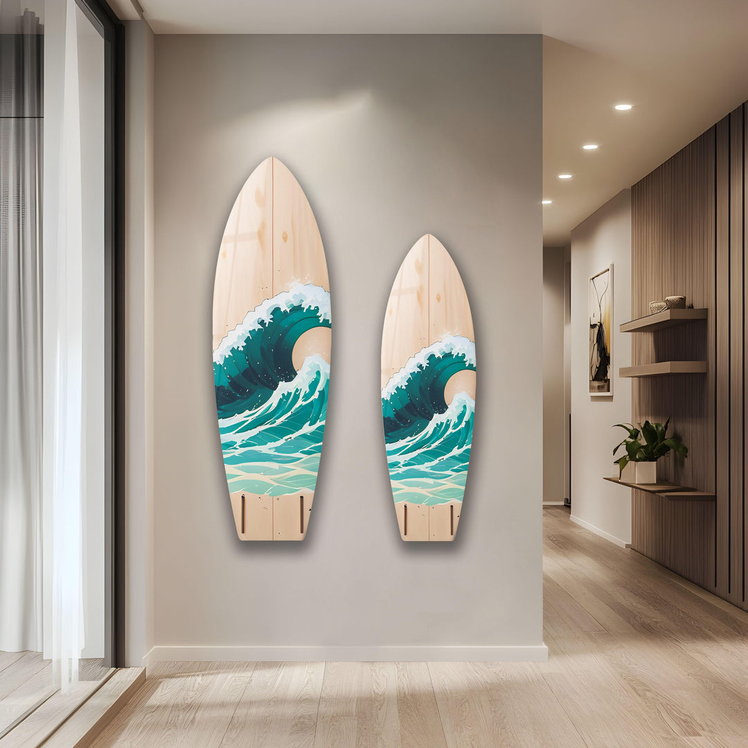 Beige & Ocean Waves Surfboard Wall Art