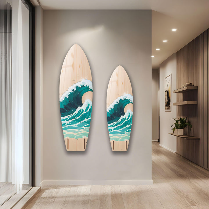 Beige & Ocean Waves Surfboard Wall Art