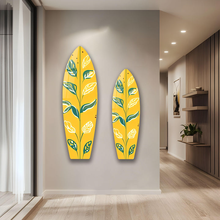 Yellow Green Leafs Surfboard Wall Art