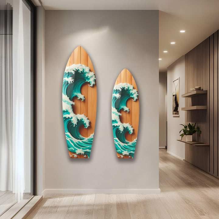 Wooden Details Ocean Wave Surfboard Wall Art