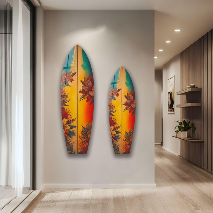 Orange Vintage Flowers Surfboard Wall Art