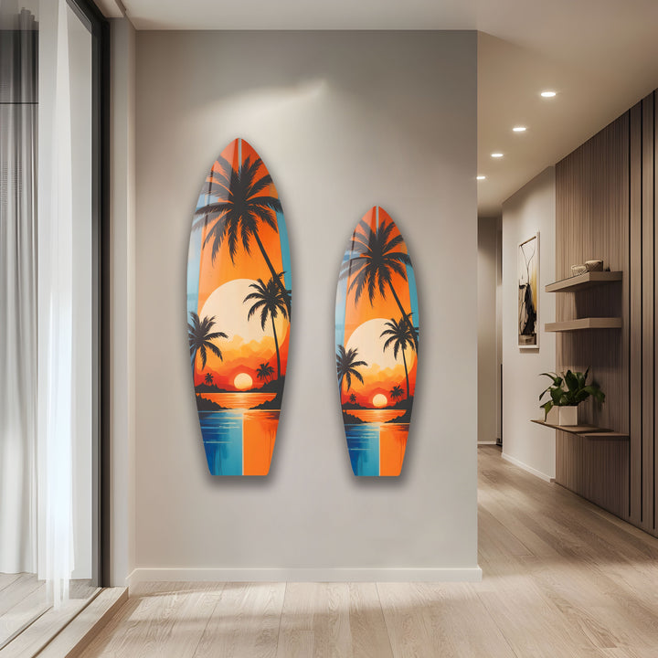 Tropic Palm Trees Sunset Surfboard Wall Art