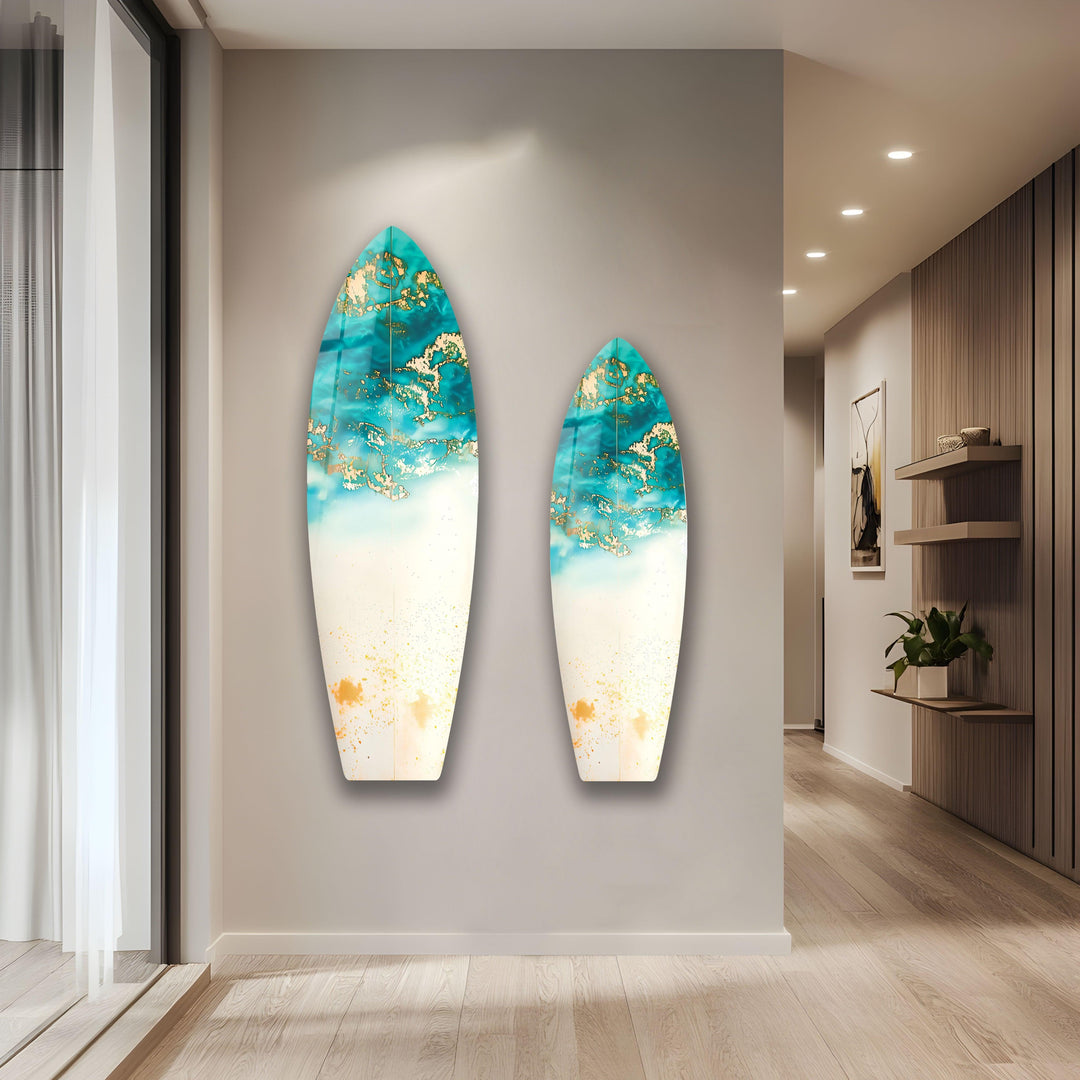 Blue Abstract Golden Details Surfboard Wall Art