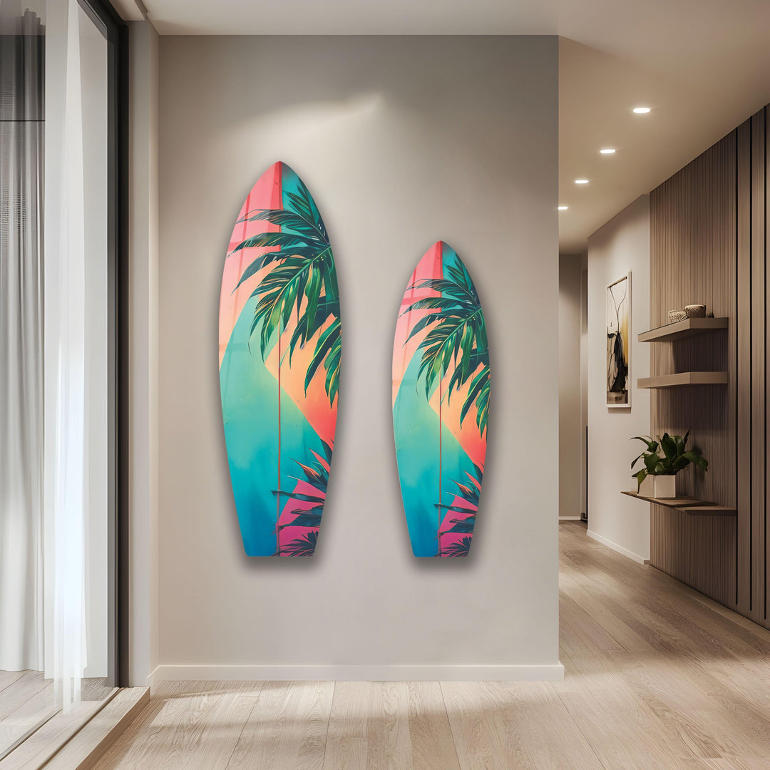 Pink Blue Palm Leaf Surfboard Wall Art