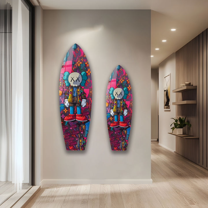 Kaws-Inspired Surfboard Wall Art – Colorful Graffiti & Figurine Design