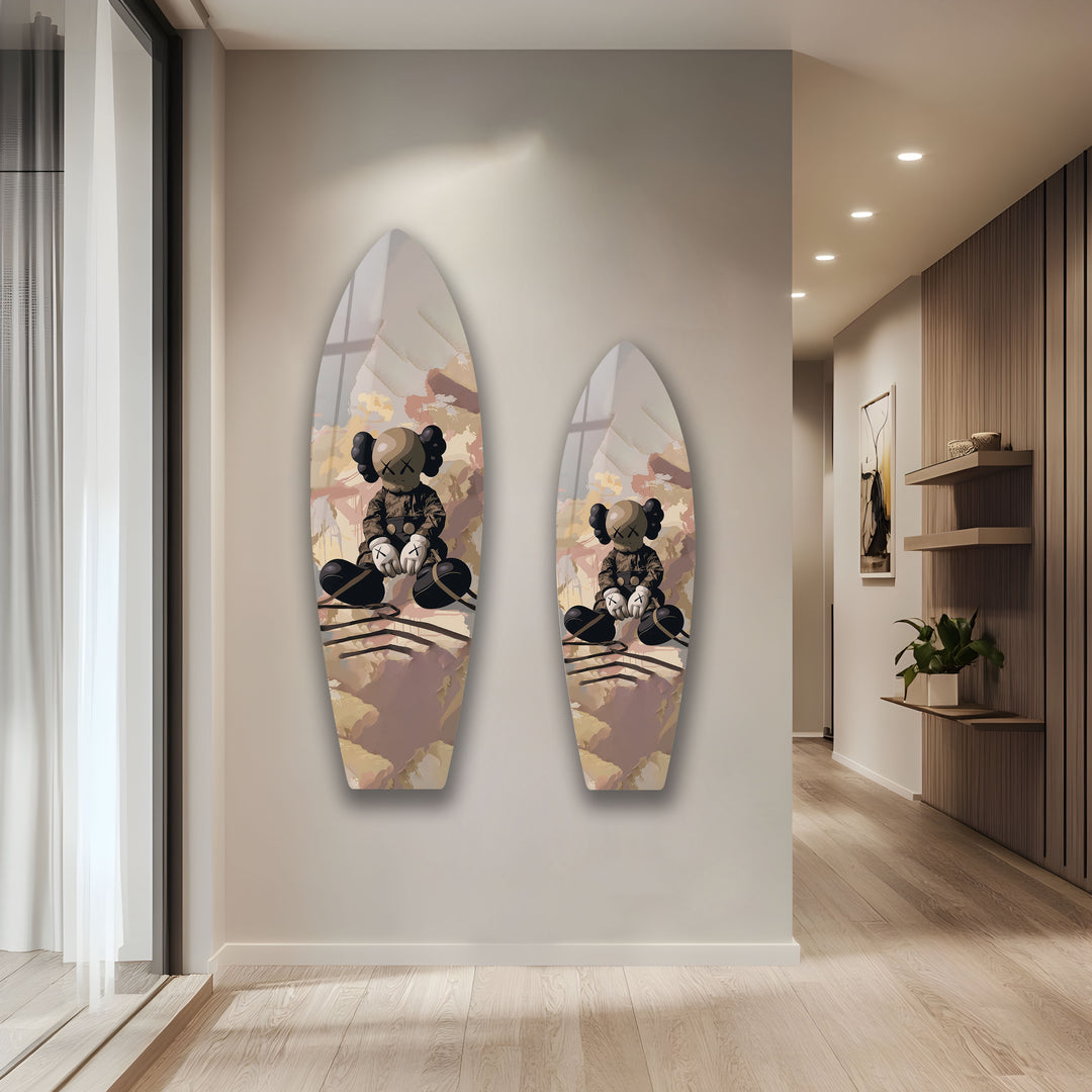 Minimalist Kaws-Inspired Surfboard Wall Art – Urban Street Figurine Design