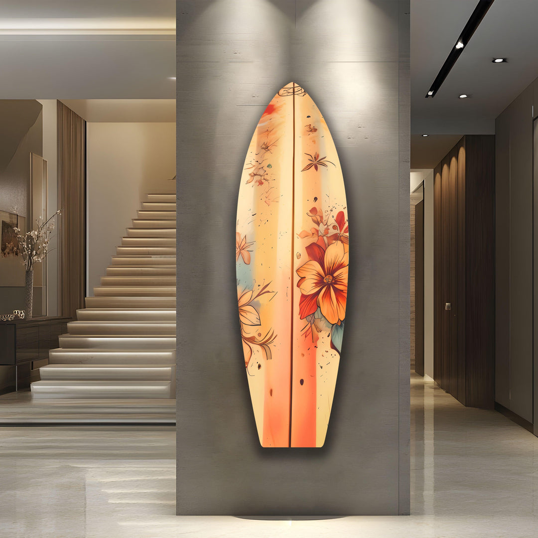 Beige Flowers Art Surfboard Wall Art