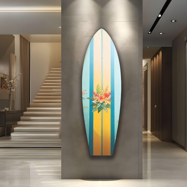 Blue Brown Flower Design Surfboard Wall Art