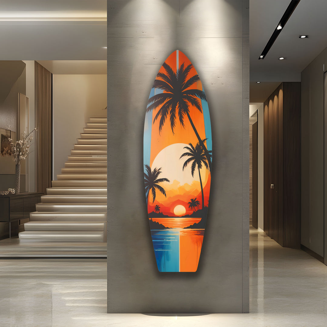 Tropic Palm Trees Sunset Surfboard Wall Art