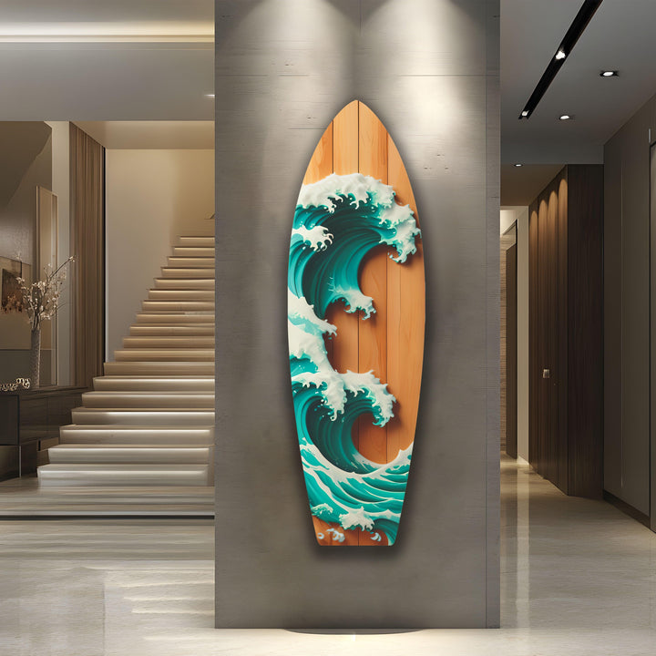 Wooden Details Ocean Wave Surfboard Wall Art