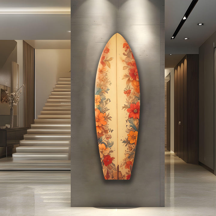 Beige Flowers Surfboard Wall Art