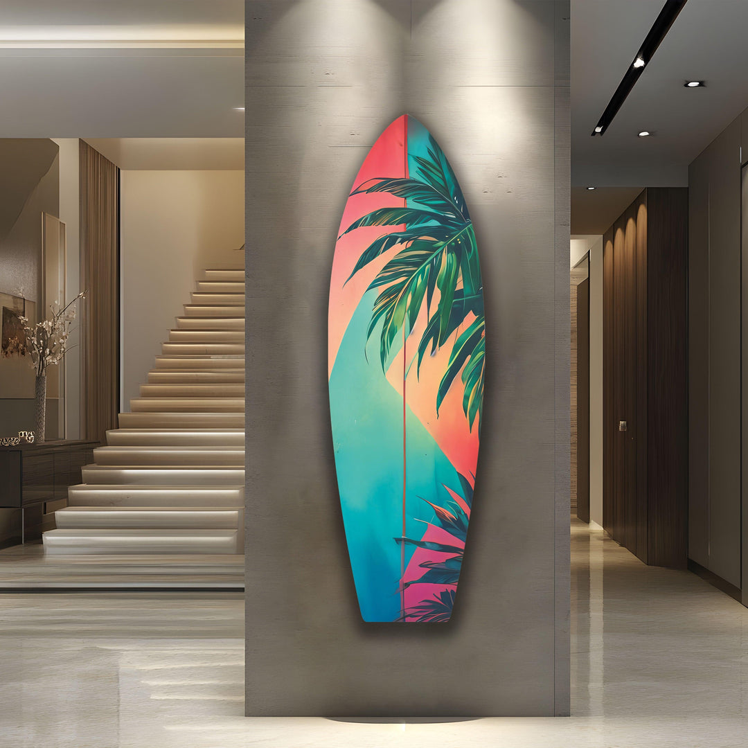 Pink Blue Palm Leaf Surfboard Wall Art