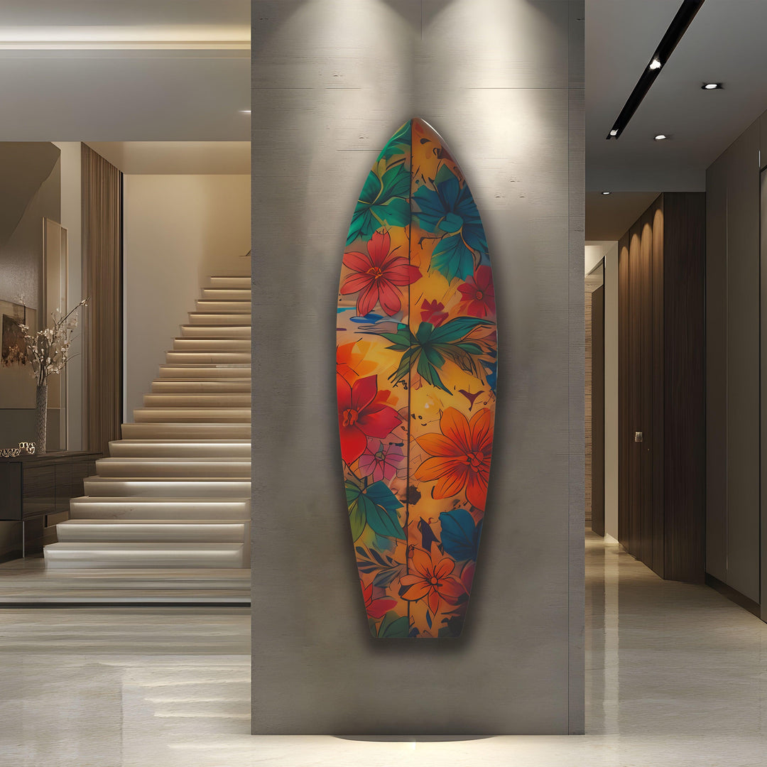 Blue & Red Flowers Surfboard Wall Art