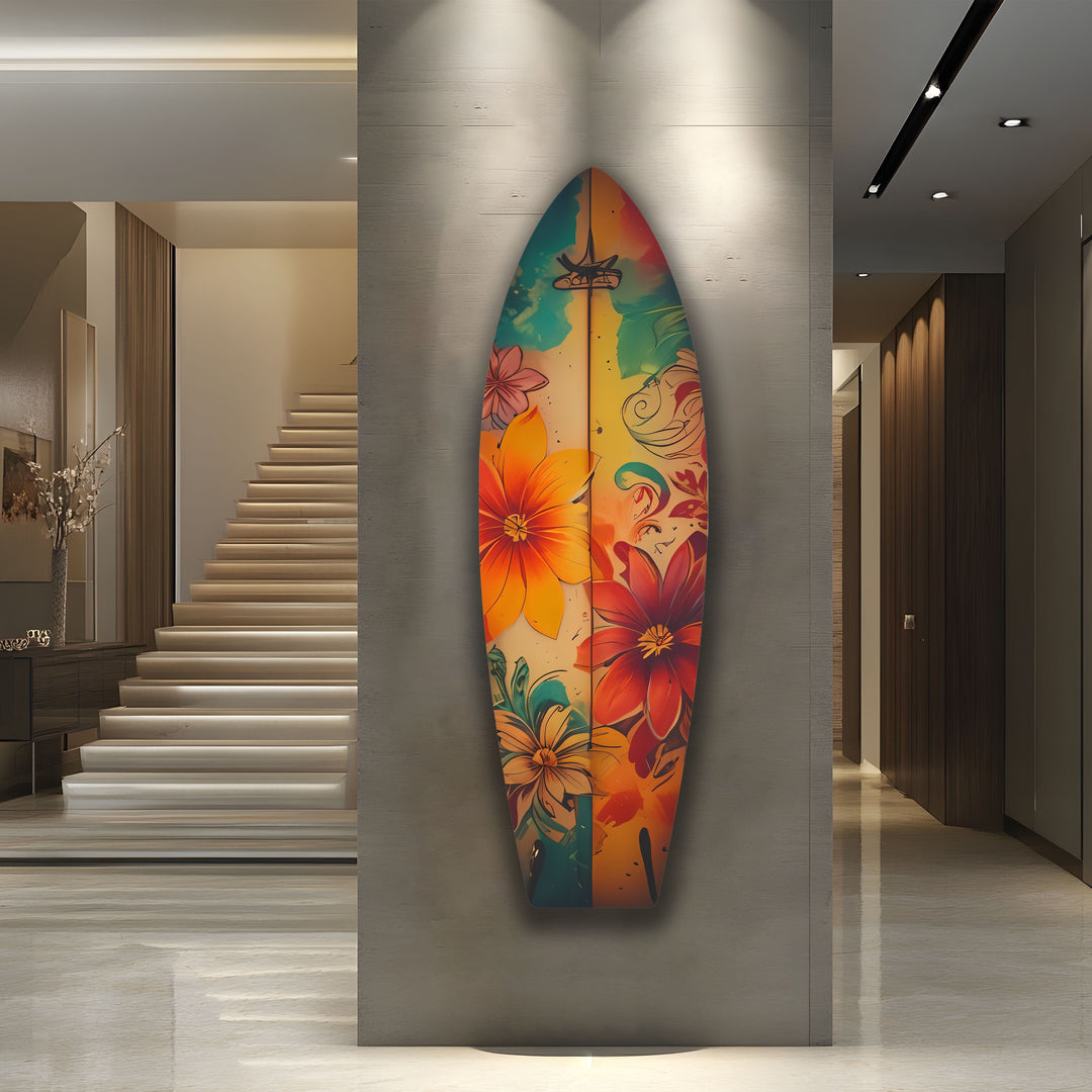 Red & Blue Flowers Surfboard Wall Art