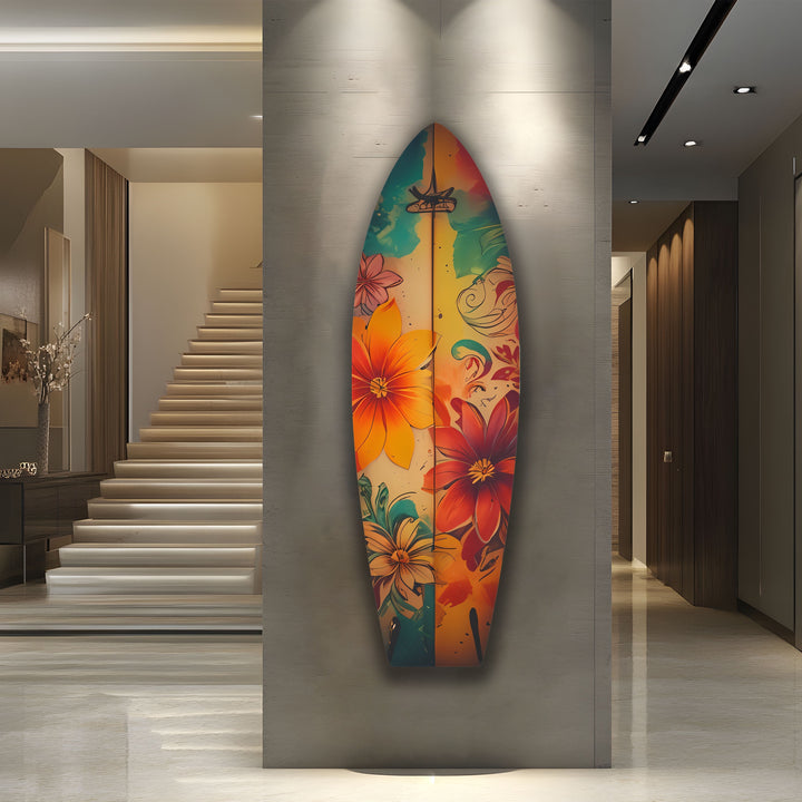 Red & Blue Flowers Surfboard Wall Art