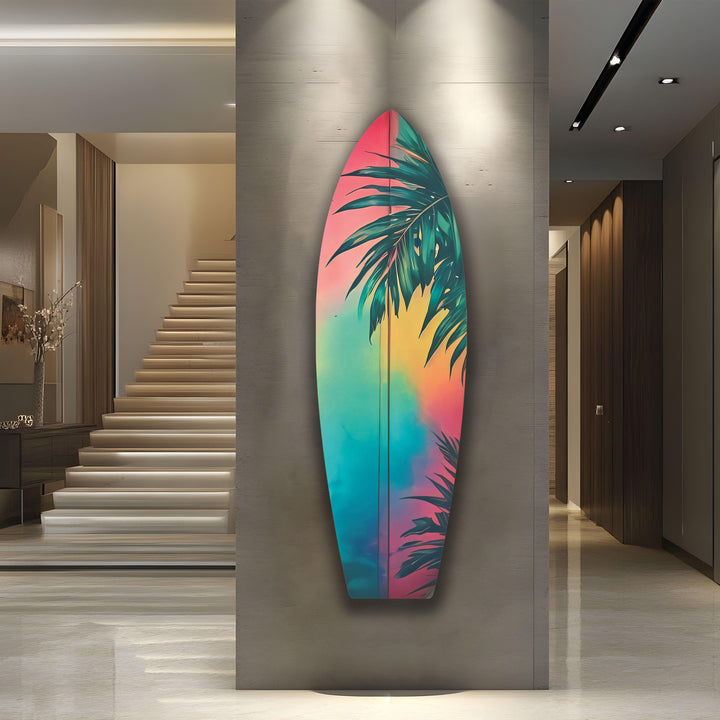 Blue Pink Palm Tree Surfboard Wall Art