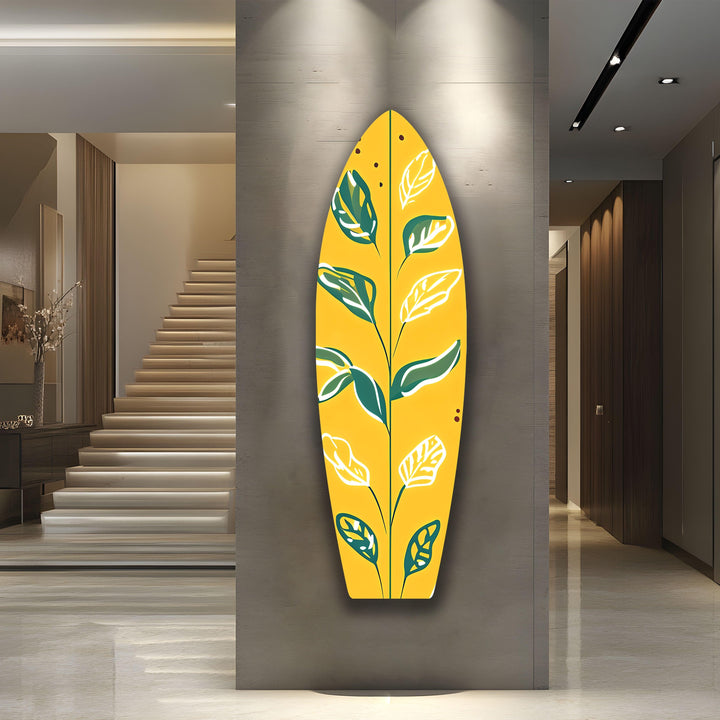 Yellow Green Leafs Surfboard Wall Art