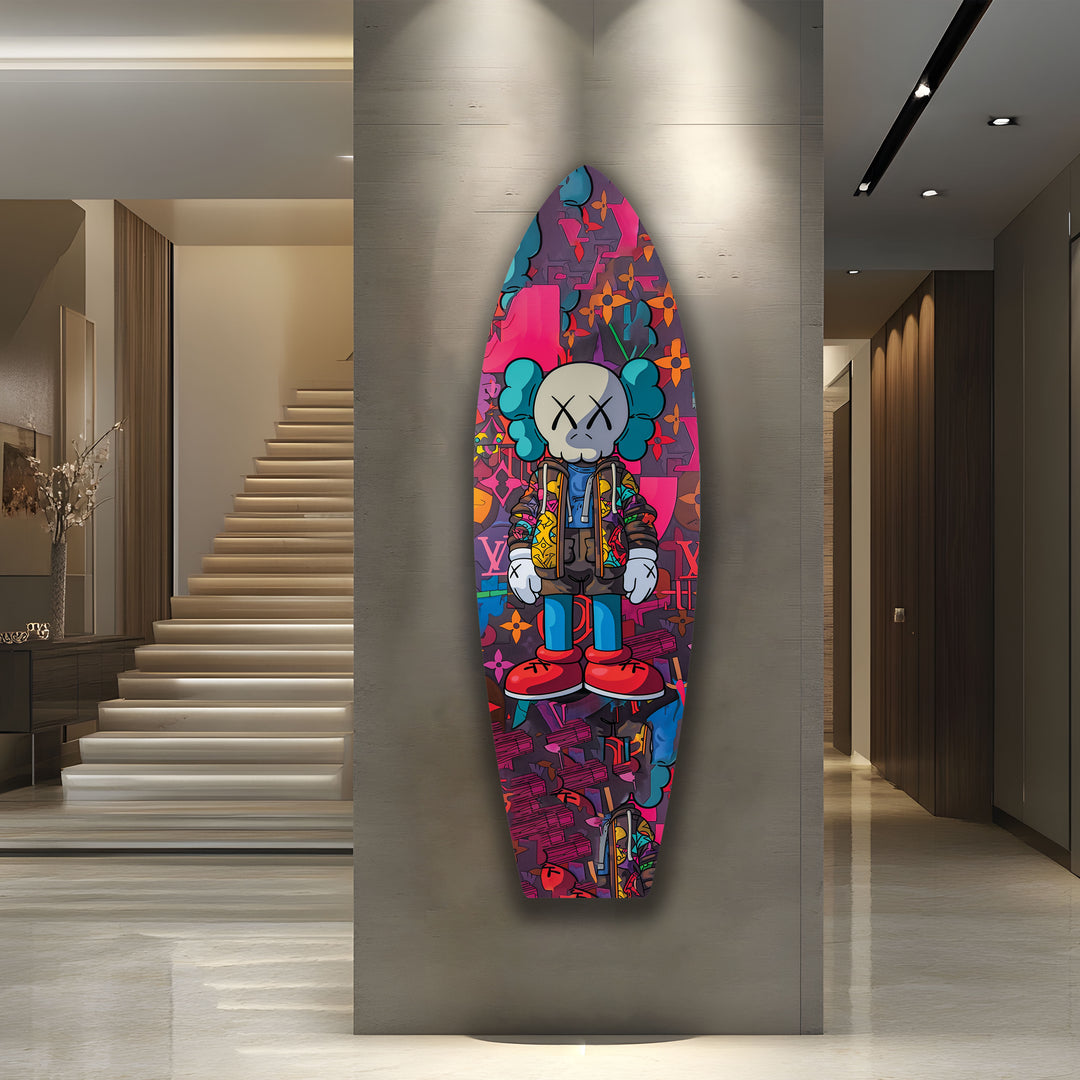 Kaws-Inspired Surfboard Wall Art – Colorful Graffiti & Figurine Design