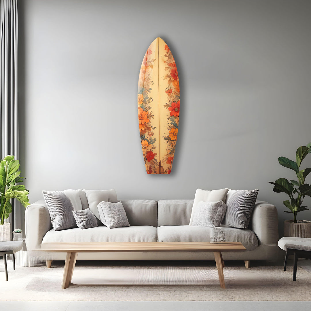 Beige Flowers Surfboard Wall Art