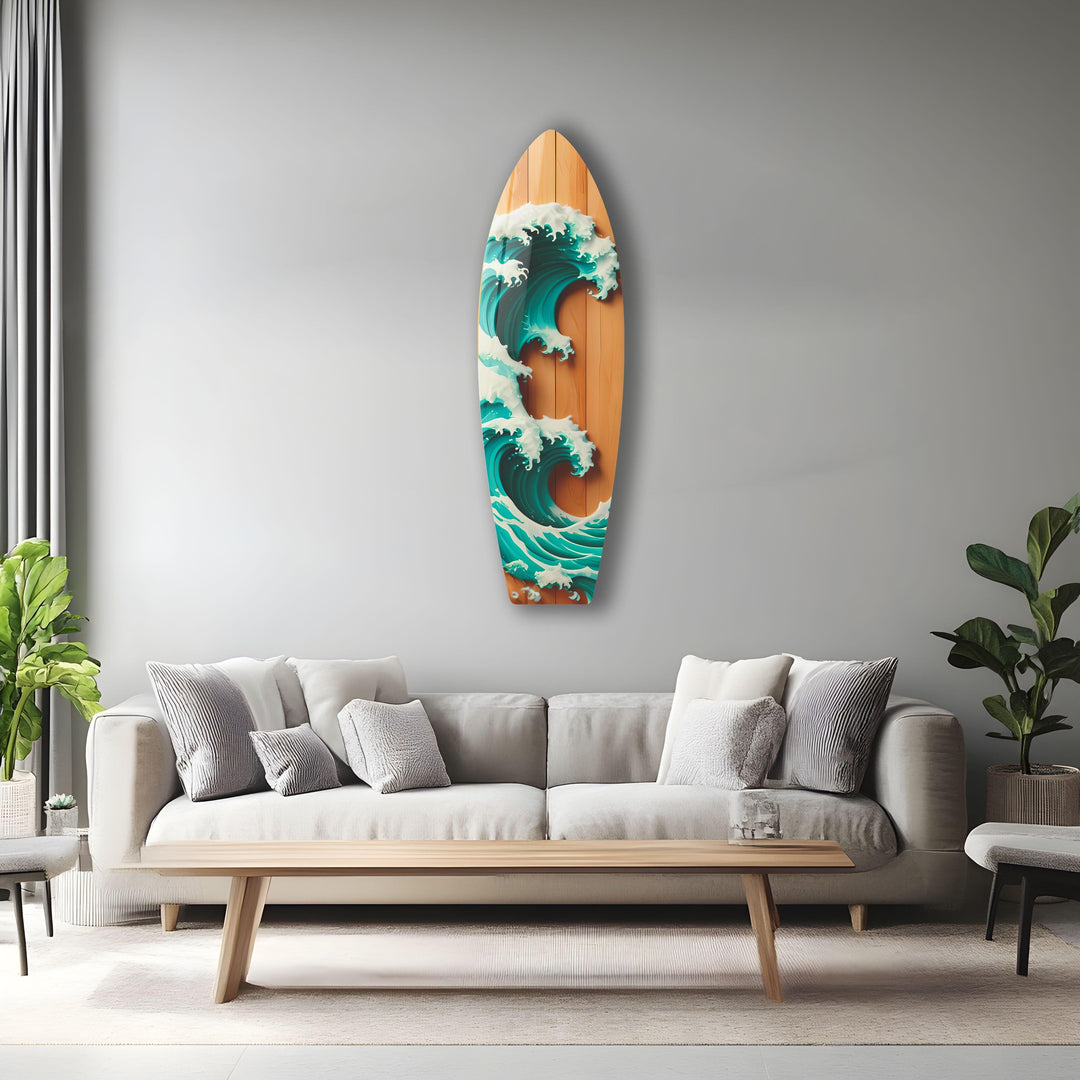 Wooden Details Ocean Wave Surfboard Wall Art