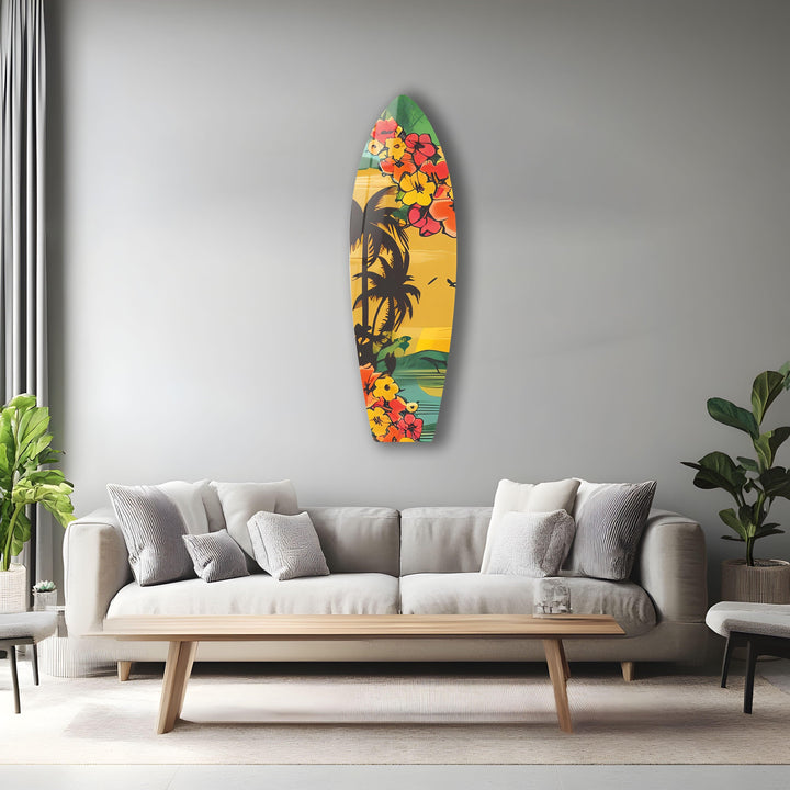 Colored Flowers & Palm Trees Surfboard Wall Art