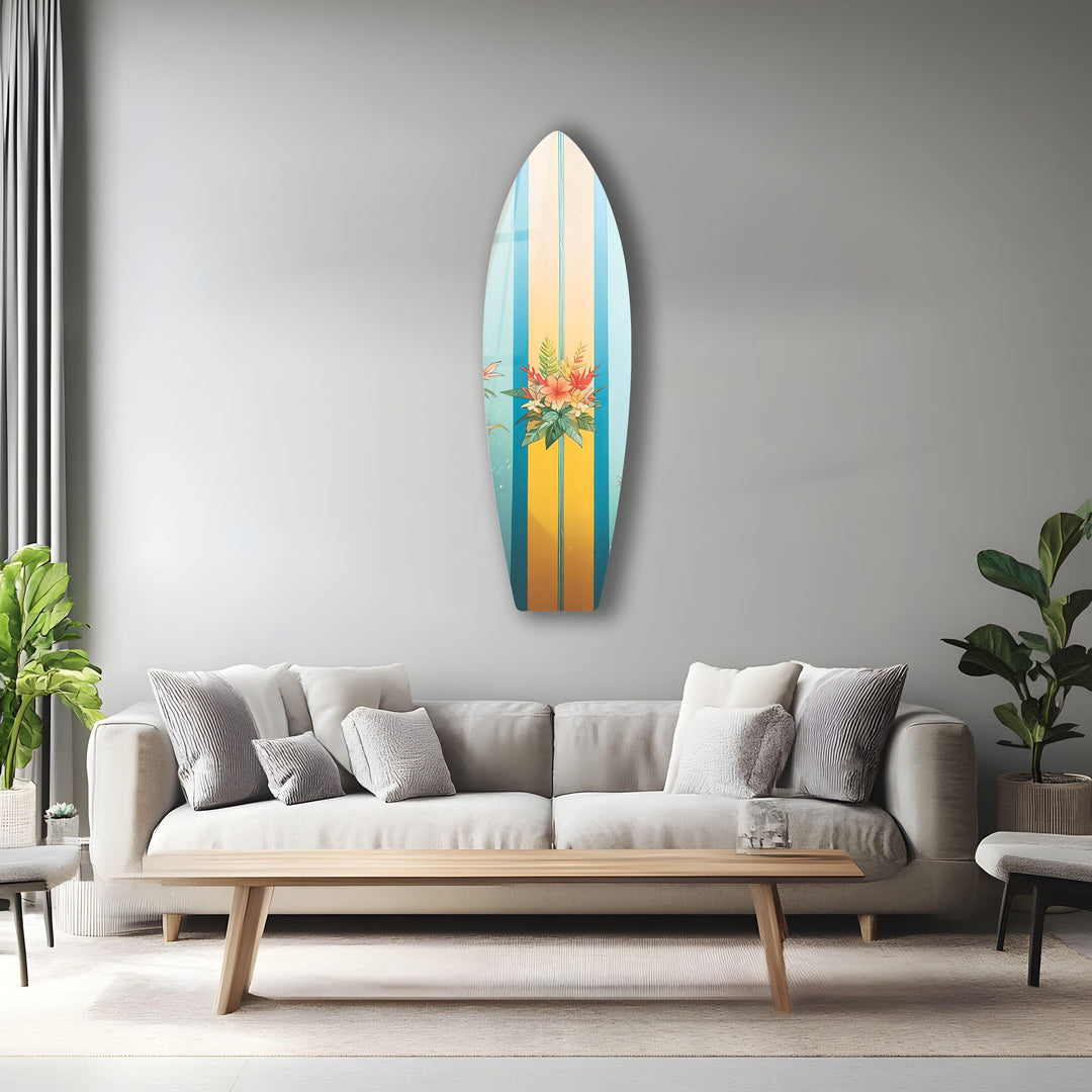 Blue Brown Flower Design Surfboard Wall Art