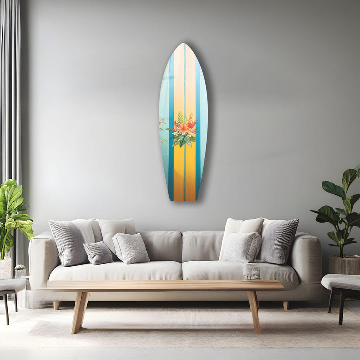 Blue Brown Flower Design Surfboard Wall Art