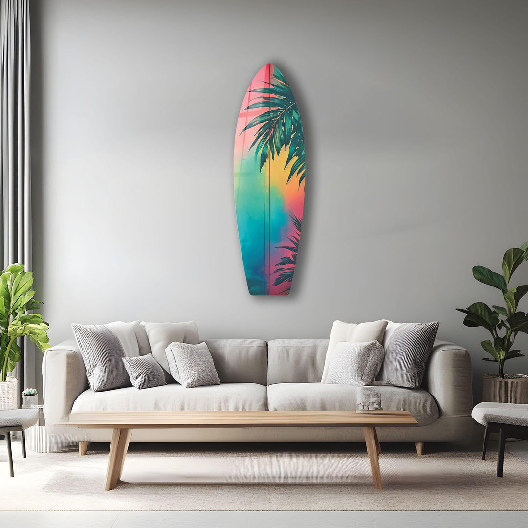 Blue Pink Palm Tree Surfboard Wall Art