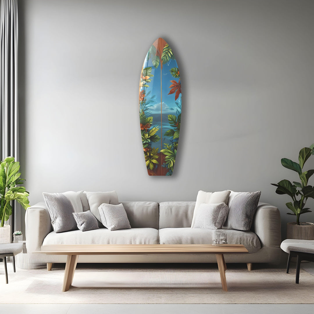 Blue Sea & Leafs Surfboard Wall Art